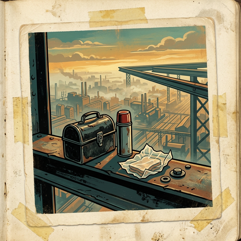 lunch pail on a girder above the city